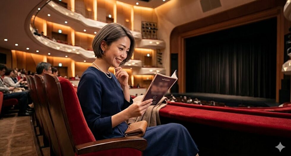 スタイリッシュな劇場の客席で、パンフレットを手に取り、これから始まる舞台を楽しみにしてワクワクと微笑むボブヘアのスタイリッシュな日本人女性。