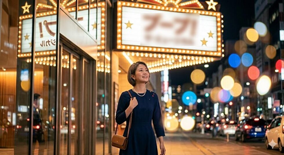 終演後の夜の剧場の外で、満足げに佇むボブヘアの日本人女性（画像1、2と同じ人物）。背景には、日本語で「ブープ！ザ・ミュージカル」と書かれた、ネオン輝く大型看板が佇んでいる。