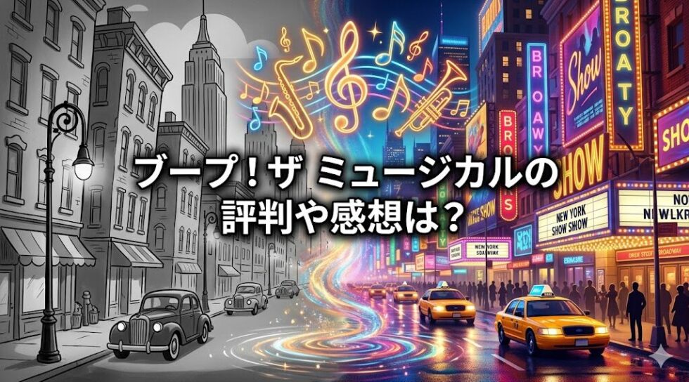 白黒の街並みから、カラフルなネオン輝くニューヨークへ突入するブープ！ザ ミュージカルの世界観をイメージした、日本語タイトル「ブープ！ザ ミュージカルの評判や感想は？」入りのアイキャッチ画像。