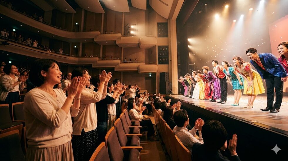 日本の劇場で、ミュージカル終演後に立ち上がり笑顔で拍手を送る観客と、舞台上で礼をする俳優たちのスタンディングオベーションの様子。観客は徐々に立ち上がり始めている。