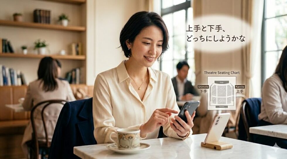 お洒落なカフェのテーブル席でスマートフォンに表示された上手と下手の座席表を見ながら席選びに悩む日本の若い女性