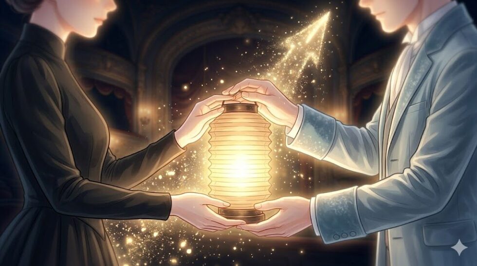 フローとグレイが温かい光を放つランプを手渡し、光の粒子が舞い上がる幻想的なイラスト