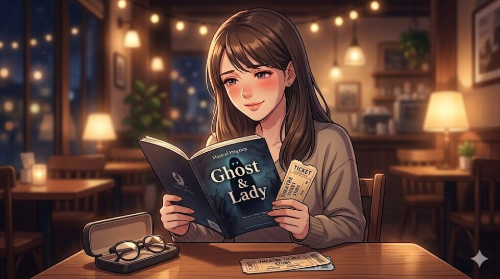 夜のカフェで『ゴースト&レディ』のプログラムやチケットを見つめ、観劇の余韻に浸る女性のイラスト