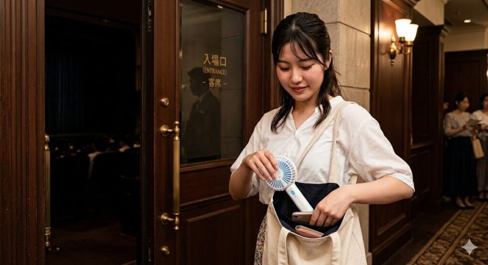 劇場の客席扉の前でハンディファンの電源を切り、誤作動を防ぐために鞄の奥底に収納する女性