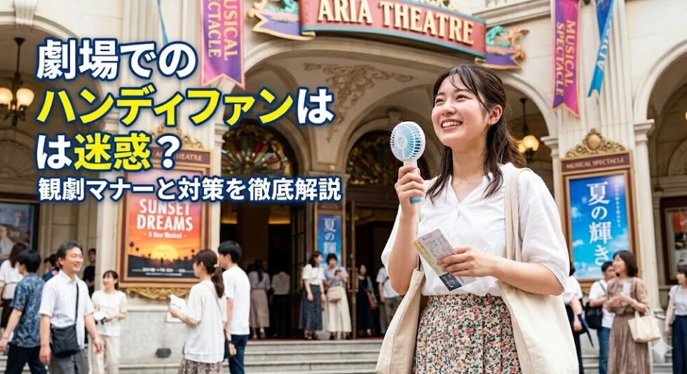 劇場の前でハンディファンを使って涼む若い女性ミュージカルファン