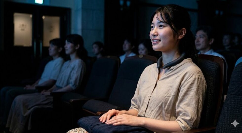 音や光の出ないネッククーラーと膝掛け用の薄手カーディガンを活用し、客席で静かに観劇を楽しむ女性