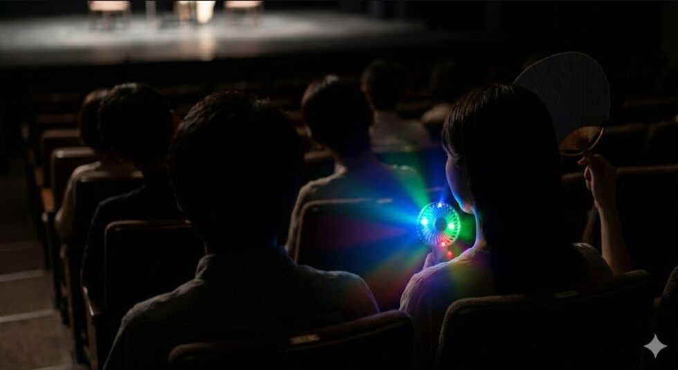 上演中の暗い客席で不自然に光るハンディファンのLEDランプと、視界を遮るうちわのシルエット