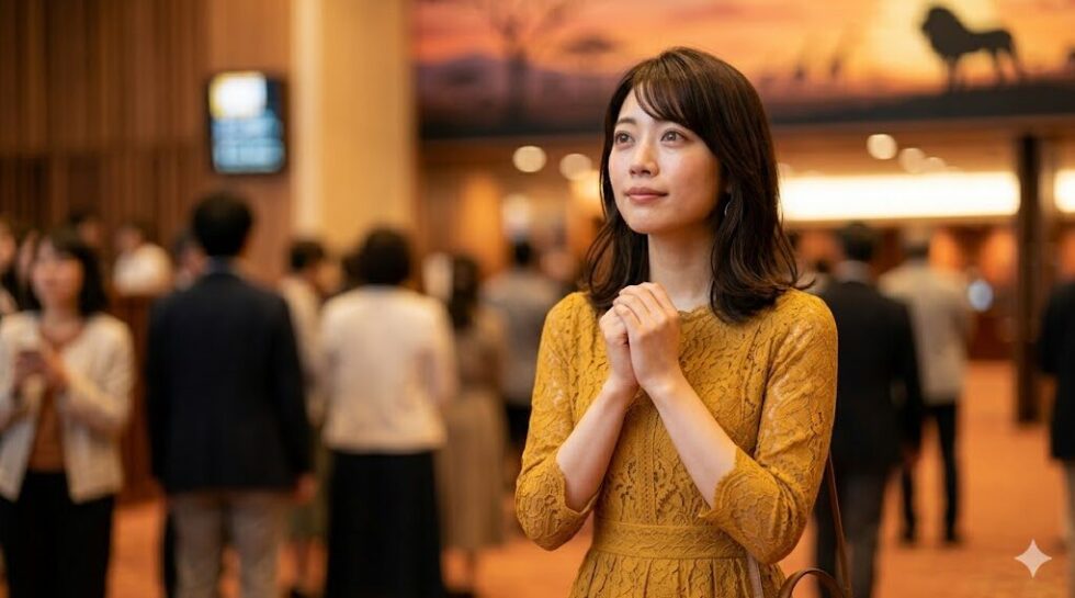 観劇後、劇場のロビーで胸の前で両手を組み、静かに深い感動の余韻に浸っている女性