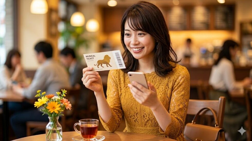 カフェでスマートフォンとミュージカルチケットを手に持ち、観劇への期待に胸を膨らませて微笑む女性