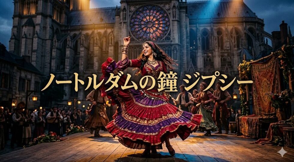 ノートルダム大聖堂の前にある架空のミュージカル舞台で、赤いドレスを着て情熱的に踊るジプシーの女性（エスメラルダ）と周囲の群衆。画像中央にゴールドのフォントで「ノートルダムの鐘 ジプシー」の文字。ドラマチックな舞台照明と中世ゴシック様式の大聖堂の背景。