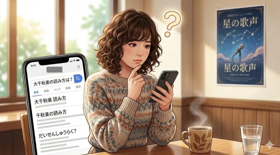 カフェでスマートフォンを見ながら「大千秋楽」の読み方を検索して悩む、ウェーブヘアの日本人女性。スマートフォンの画面には「大千秋楽 読み方」の検索結果が表示されている。