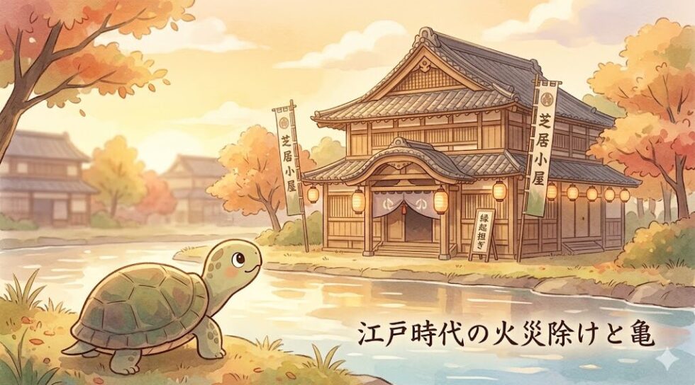 江戸時代の木造芝居小屋と川、手前に立つカメを描いた水彩画風イラスト。画面右下に「江戸時代の火災除けと亀」のテキスト。