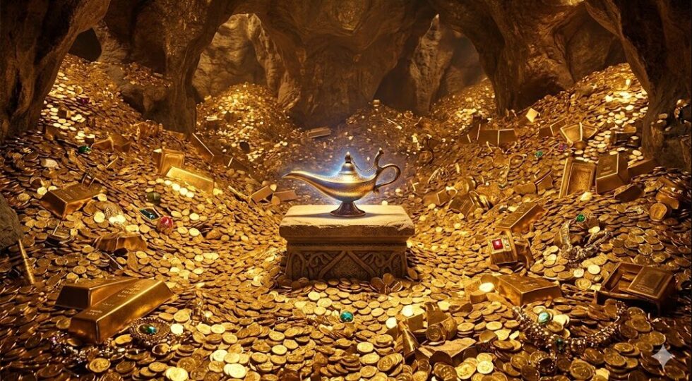 本物の金箔が使われている劇団四季アラジン「魔法の洞窟」の豪華な舞台美術を連想させる、黄金の財宝と魔法のランプ