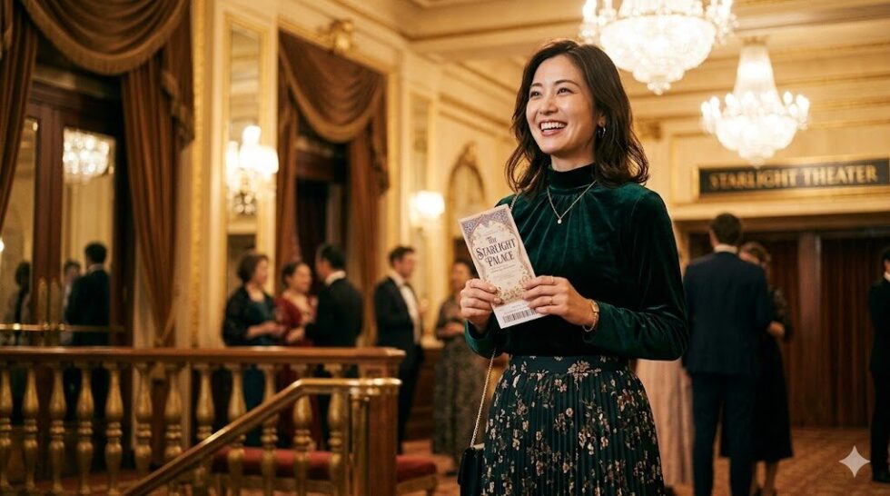 東京の専用劇場で劇団四季アラジンのロングラン公演を観劇しに来て、期待に胸を膨らませて微笑む女性