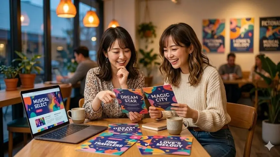 カフェでノートパソコンや架空のパンフレットを広げ、どのミュージカル作品を観ようか楽しく相談する2人の若い女性