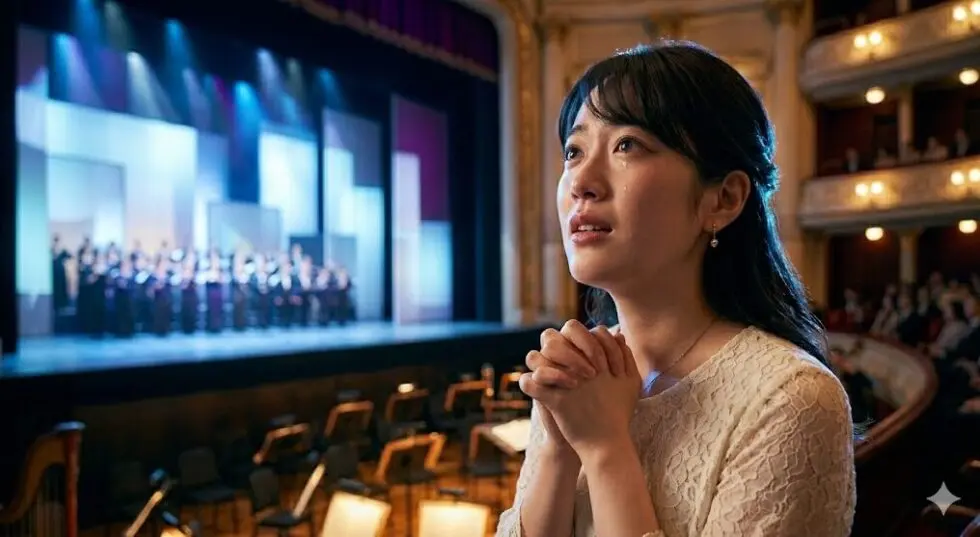 劇団四季の舞台とクワイヤ（聖歌隊）の圧倒的な生歌唱に感動して涙を浮かべる女性