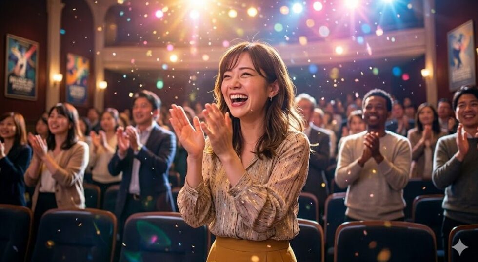 満面の笑みで劇場の客席から楽しそうに拍手を送る女性