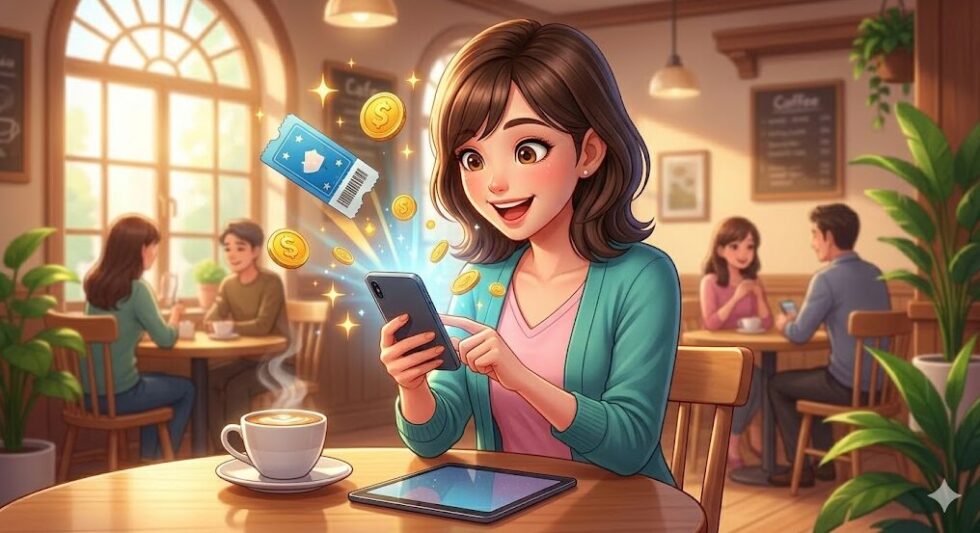 カフェでスマートフォンを操作し、チケットの割引特典やお得な情報を見て目を輝かせる女性のイラスト