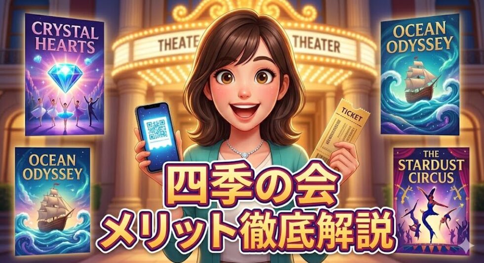 「四季の会メリット徹底解説」と書かれた、チケットとスマートフォンを手に持ち笑顔で微笑む女性のアイキャッチ画像