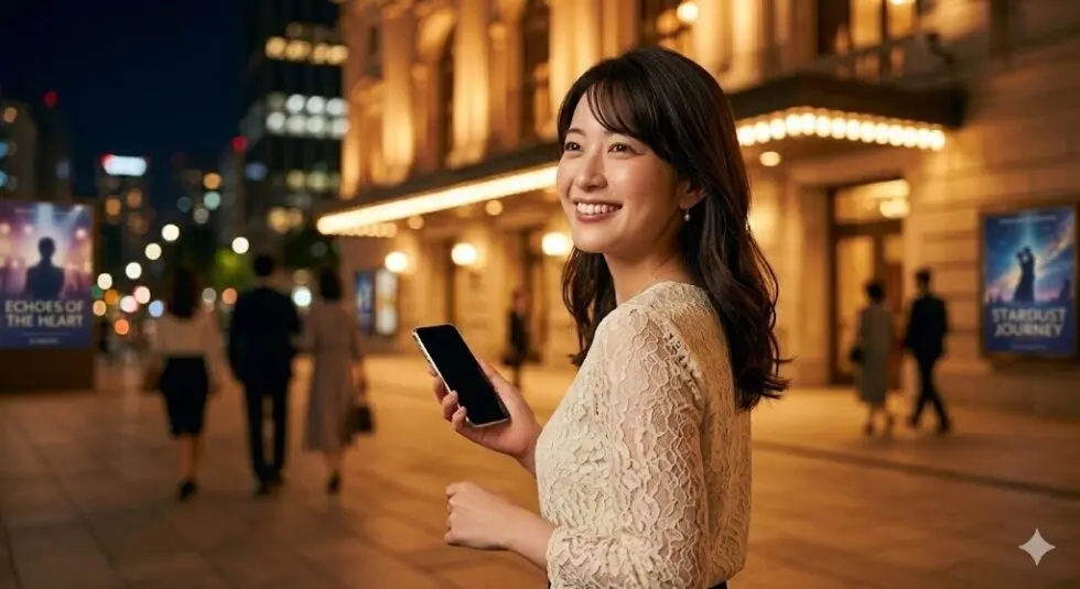 劇団四季の観劇を終え、夜の劇場の外で充実した笑顔を浮かべる女性