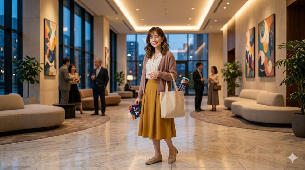 洗練された劇場のロビーで、パンフレットを入れるサブバッグを持って立つスマートカジュアルな服装の女性
