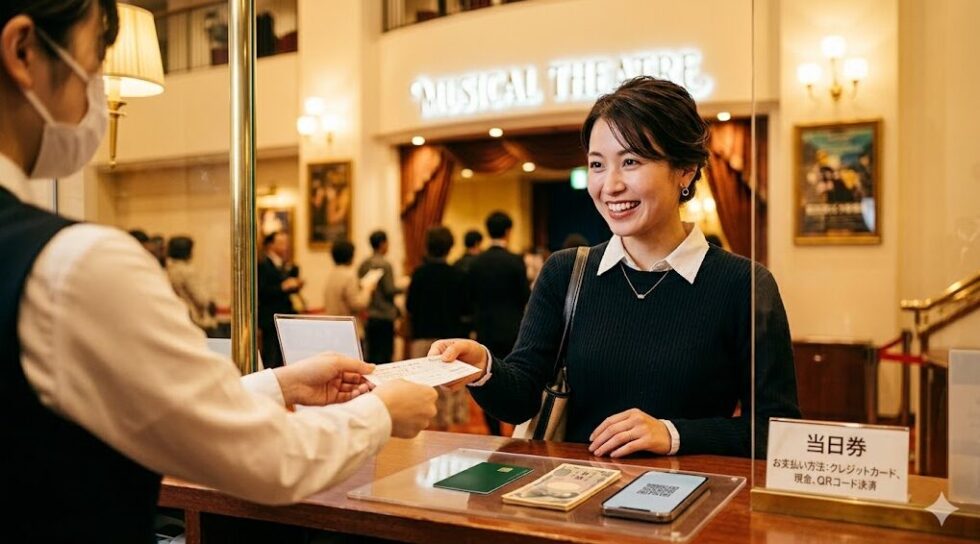 劇場のチケットボックスでスタッフから当日券を受け取り、現金やクレジットカード、QRコード決済などで支払いをする女性観客