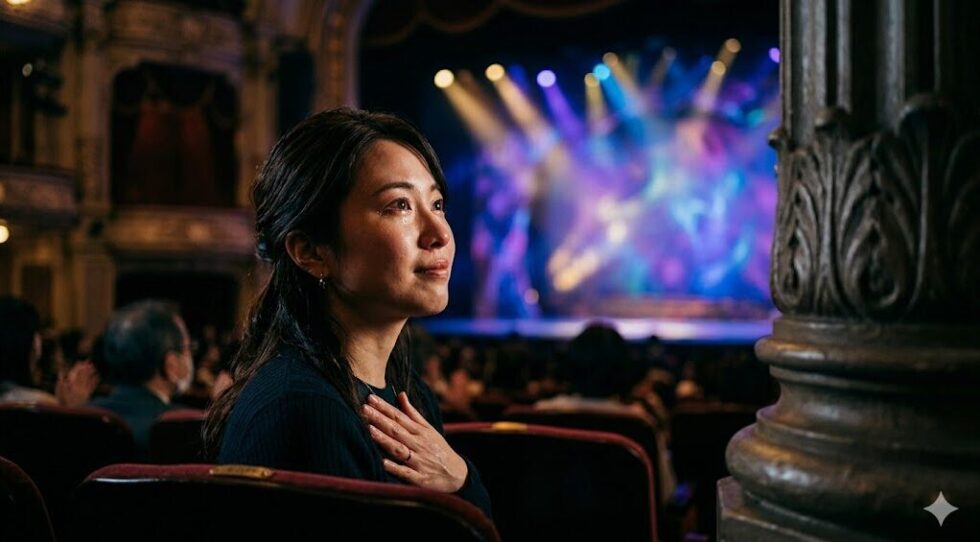 手前に柱が見える劇場の見切れ席からステージを見つめ、舞台の迫力と音楽に感動して涙ぐむ女性