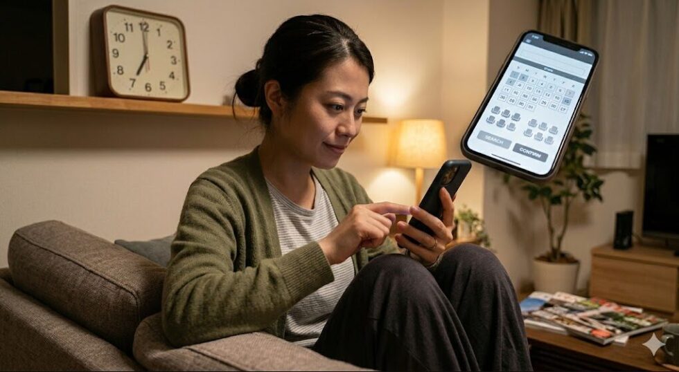 自宅のソファでくつろぎながら、スマートフォンを使って劇団四季の当日券をネット予約している女性