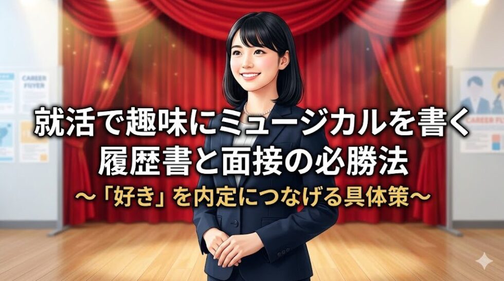劇場の赤い幕の前で自信に満ちた笑顔を見せるスーツ姿の女性。「就活で趣味にミュージカルを書く 履歴書と面接の必勝法」のタイトル文字。
