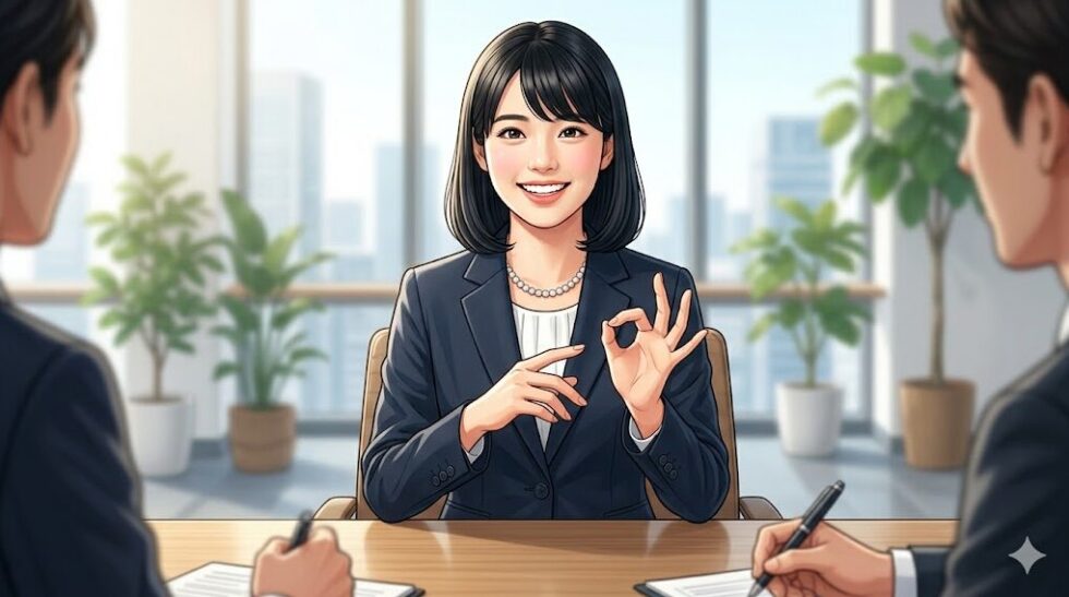 面接官に向かって、身振り手振りを交えながら笑顔で活き活きと話すスーツ姿の女性。面接で自身の趣味や価値観について魅力的にアピールしている様子。
