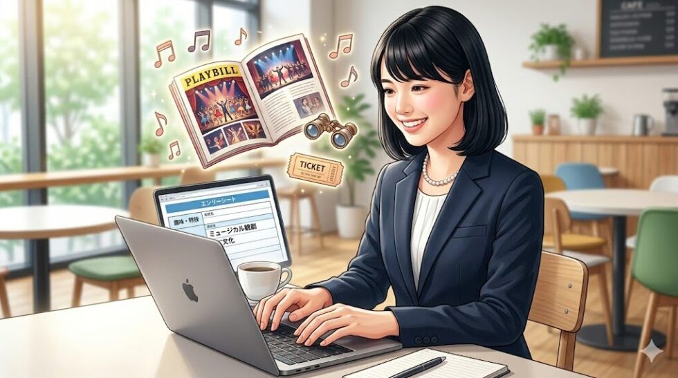 カフェでパソコンに向かい、笑顔でエントリーシートを作成するスーツ姿の若い女性。頭上にはミュージカルのパンフレットやオペラグラス、チケットが楽しげに浮かんでいるイメージ。