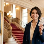 劇場の豪華なロビーで架空のミュージカル作品のポスターをバックにチケットを持って笑顔で立つ日本の若い女性