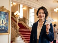 劇場の豪華なロビーで架空のミュージカル作品のポスターをバックにチケットを持って笑顔で立つ日本の若い女性