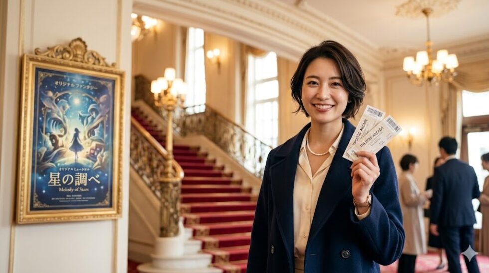劇場の豪華なロビーで架空のミュージカル作品のポスターをバックにチケットを持って笑顔で立つ日本の若い女性