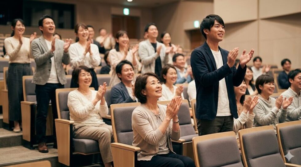 ミュージカル終演後、立ち上がって拍手する観客と、座ったまま心を込めて拍手をする観客が混在する日本の剧場の様子。個人の鑑賞スタイルを尊重。