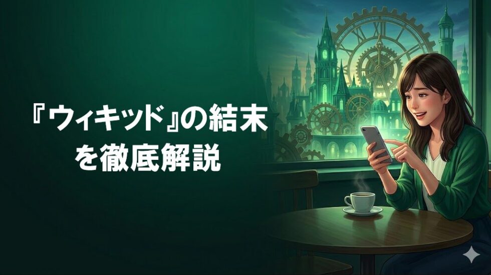 カフェでスマートフォンを見ながらウィキッドの結末について考察する女性のイメージイラスト。背景にはエメラルドグリーンの街並みが描かれています。