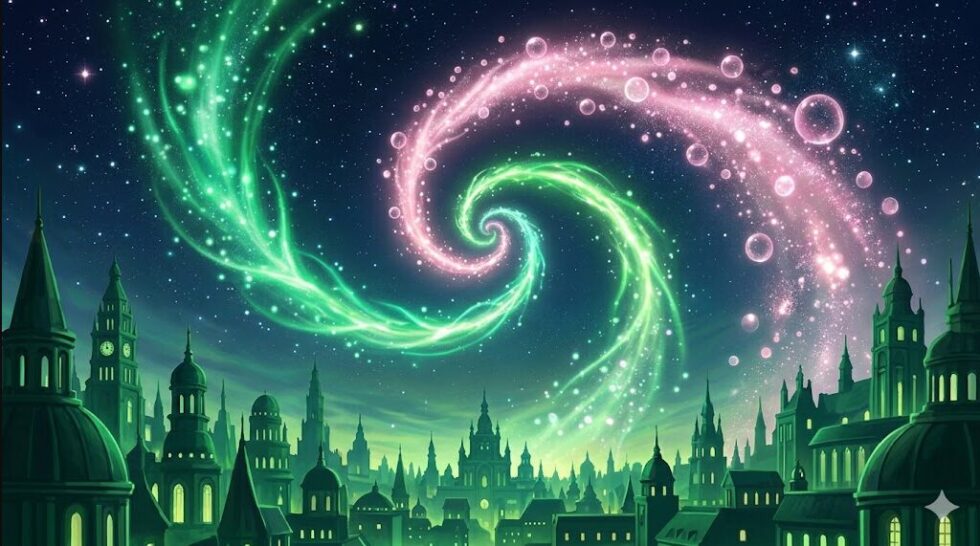 エメラルドグリーンの街の夜空で、緑色とピンク色の魔法の光が螺旋を描いて優しく交じり合う幻想的なイラスト。