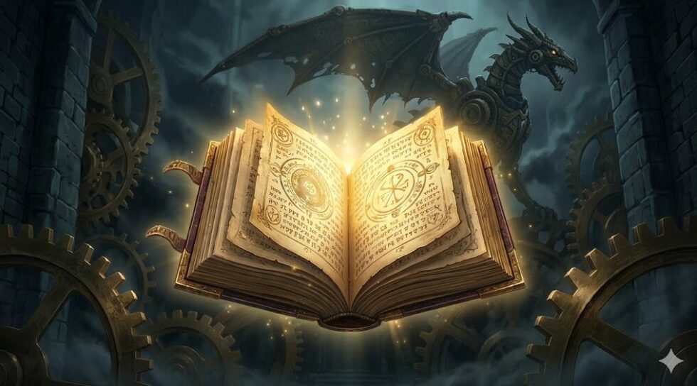時計塔の巨大な歯車を背景に、宙に浮いて黄金の光を放つ魔法の魔導書（グリムリー）のイラスト。