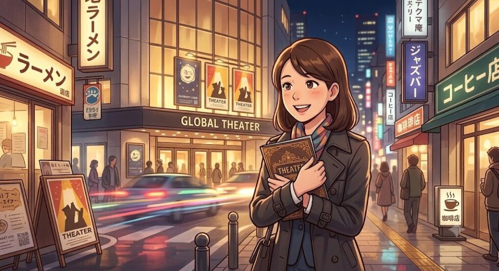 観劇を終えて夜の街を歩きながら、パンフレットを胸に抱いて感動の余韻に浸る女性のイラスト。