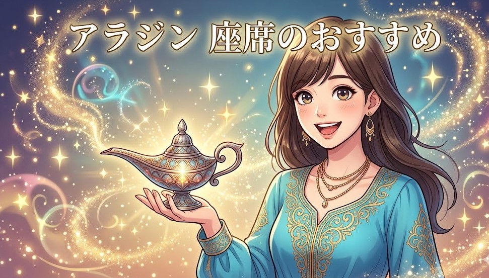 魔法のランプを手に持ち微笑む若い女性と「アラジン 座席のおすすめ」の文字