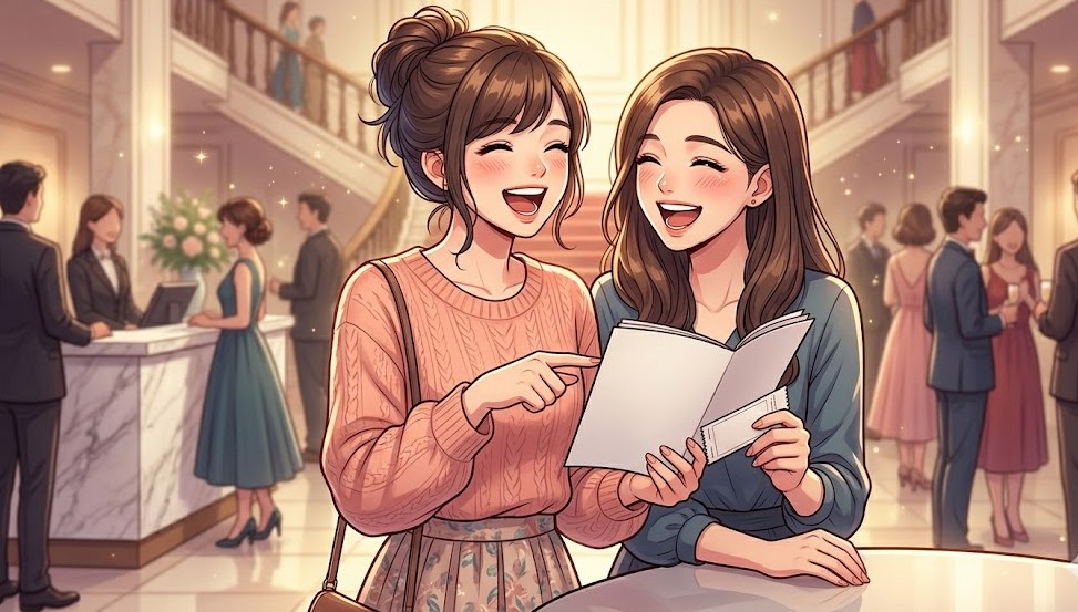 劇場のロビーで、パンフレットを見ながら楽しそうに笑い合う二人の女性のイラスト
