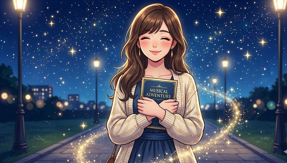 ミュージカル観劇後、夜空の下でプログラムを胸に抱きながら幸せそうに余韻に浸る女性のイラスト