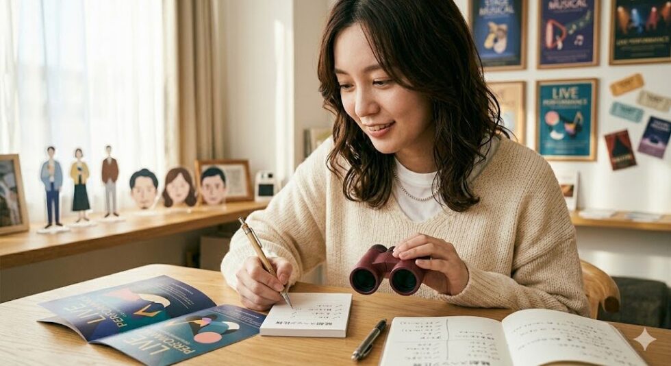 自宅で観劇用双眼鏡のスペックや価格を比較検討する女性