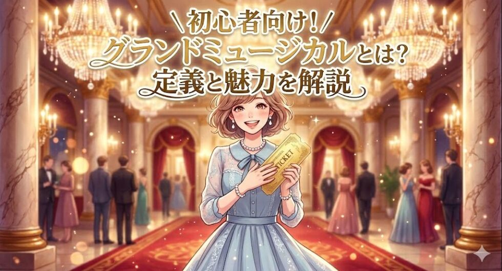 初心者向けにグランドミュージカルの定義と魅力を解説するアイキャッチ画像。大劇場のロビーでチケットを持ち微笑む女性。