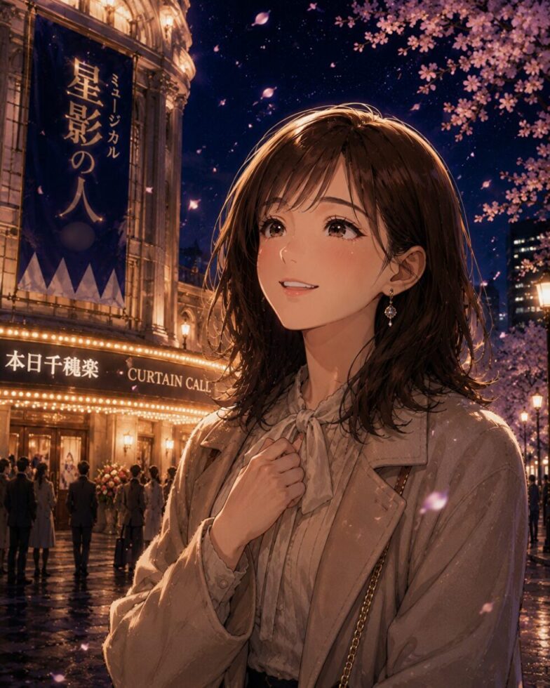 観劇後、夜の劇場の前で感動の余韻に浸りながら微笑む女性