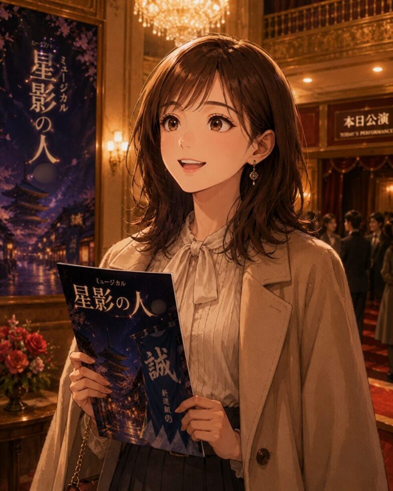 劇場のロビーで星影の人のパンフレットを手に持ち開演を心待ちにする女性