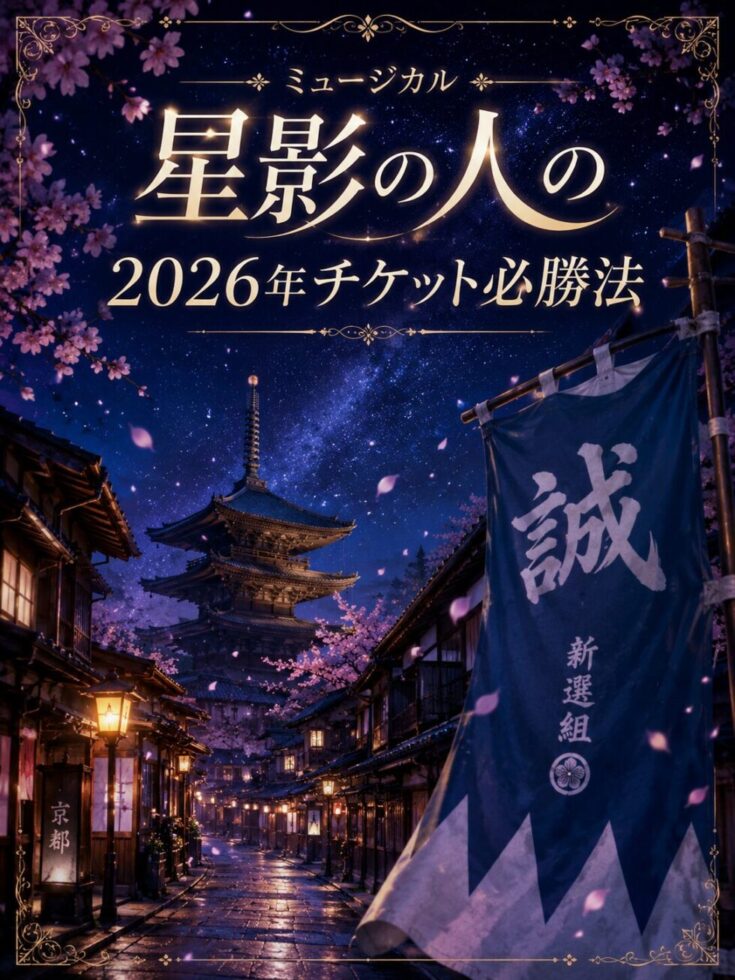 夜の京都と新選組の旗を背景にしたミュージカル『星影の人』2026年チケット必勝法のアイキャッチ画像