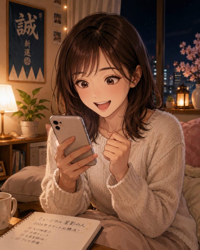 部屋でワクワクしながらスマホでミュージカルのチケット先行情報を調べる女性
