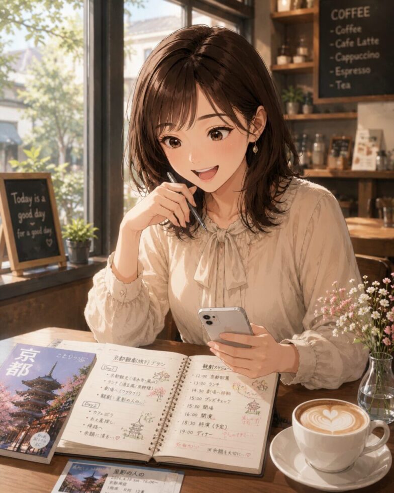 カフェでスマホや手帳を見ながらミュージカルの観劇遠征スケジュールを楽しく計画する女性