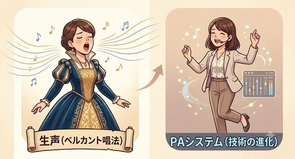 マイクを使わず生声で歌うオペラのベルカント唱法と、PAシステムを使用して歌う現代ミュージカルの技術的な違いの比較図。